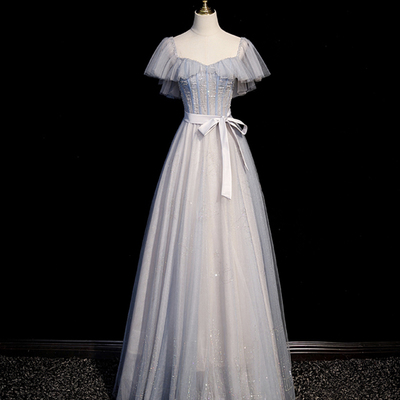 Shiny tulle beads long prom dress a line evening dress - Thumbnail 1