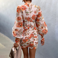 Women's Printed Deep V Neck Sexy High Waist Dress - Thumbnail 1