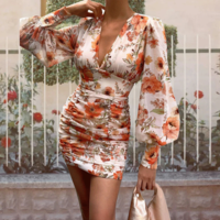 Women's Printed Deep V Neck Sexy High Waist Dress - Thumbnail 2