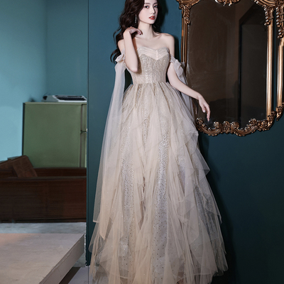 Champagne tulle sequins long prom dress evening dress - Thumbnail 3