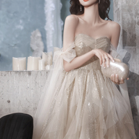 Champagne tulle sequins long prom dress evening dress - Thumbnail 3