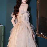 Champagne tulle sequins long prom dress evening dress - Thumbnail 4