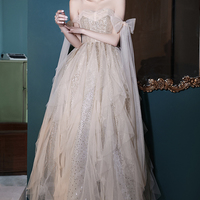 Champagne tulle sequins long prom dress evening dress - Thumbnail 6