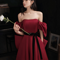 Burgundy satin long prom dress A line evening dress - Thumbnail 1
