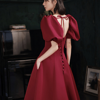 Burgundy satin long prom dress A line evening dress - Thumbnail 3