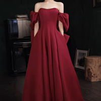 Burgundy satin long prom dress A line evening dress - Thumbnail 4