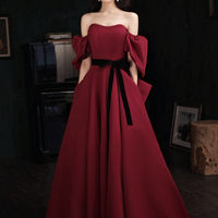 Burgundy satin long prom dress A line evening dress - Thumbnail 5