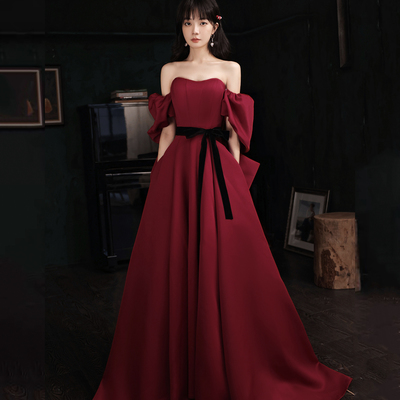 Burgundy satin long prom dress a line evening dress - Thumbnail 1