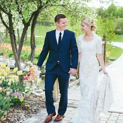 Full lace garden wedding dresses new elegant court train half sleeve mermaid modest wedding gowns,827