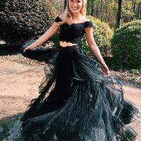 Hot Selling Two Pieces Off the Shoulder Black Tulle Long Prom Dresses with Appliques,830 - Thumbnail 2