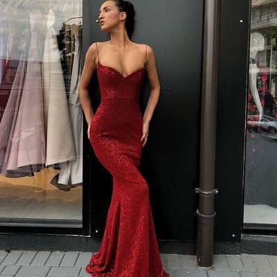 Sexy spaghetti straps v neck dark red sequins long prom dress,mermaid evening party dress,831 - Thumbnail 4