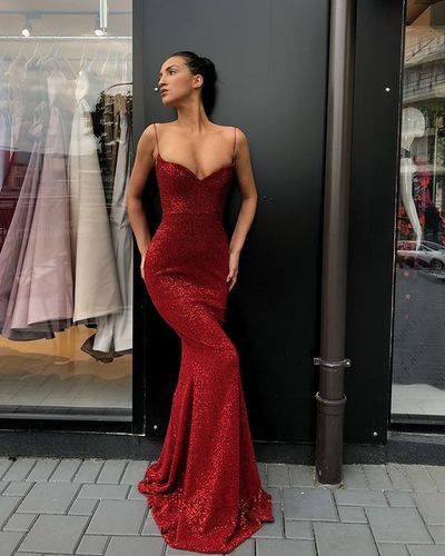 Sexy Spaghetti Straps V Neck Dark Red Sequins Long Prom Dress,Mermaid Evening Party Dress,831