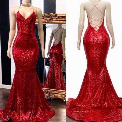 Red sequin prom dress, 2022 spaghetti straps backless mermaid sleeveless long evening gown,833 - Thumbnail 4