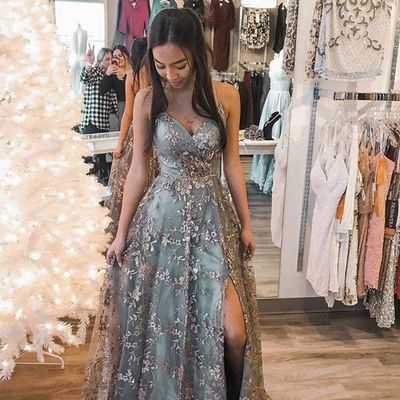 Stylish grey prom dresses,spaghetti straps floral long evening formal gown,835 - Thumbnail 2