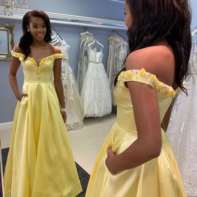 Yellow prom dresses off shoulder with handmade flowers