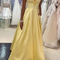 Yellow Prom Dresses Off Shoulder with Handmade Flowers - Thumbnail 1