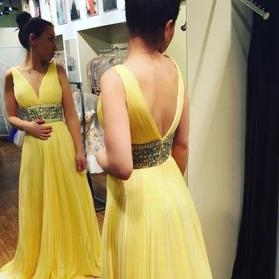 Yellow prom dresses waist with rhinestones