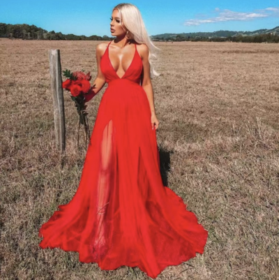 Sexy Red Prom Dresses Tulle with Slit Side