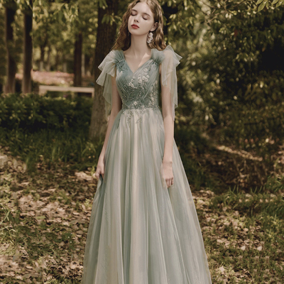 Green tulle beads long prom dress a line evening dress