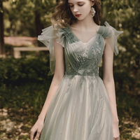 Green Tulle Beads Long Prom Dress A Line Evening Dress - Thumbnail 1