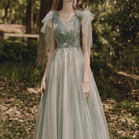 Green Tulle Beads Long Prom Dress A Line Evening Dress - Thumbnail 3