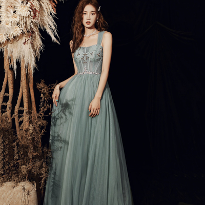 Cute tulle beads long prom dress a line evening dress