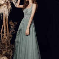 Cute tulle beads long prom dress A line evening dress - Thumbnail 1
