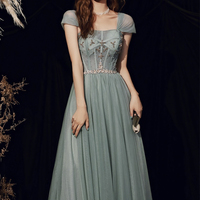 Cute tulle beads long prom dress A line evening dress - Thumbnail 2