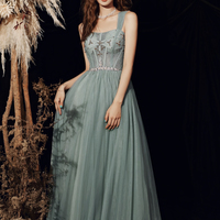 Cute tulle beads long prom dress A line evening dress - Thumbnail 6