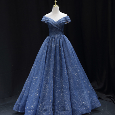 Blue tulle sequins long prom dress a line evening dress - Thumbnail 3