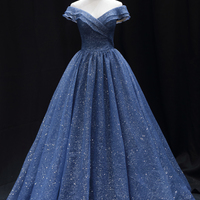 Blue tulle sequins long prom dress A line evening dress - Thumbnail 7