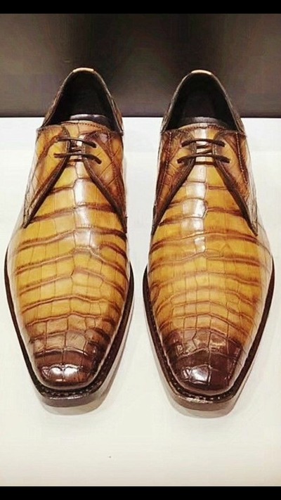 Men Handmade Luxury Two Tone Crocodile Lace Up Dress Shoes,