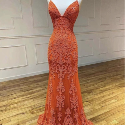 Orange prom dresses with appliqué,spaghetti straps prom dresses,mermaid party dresses,1362