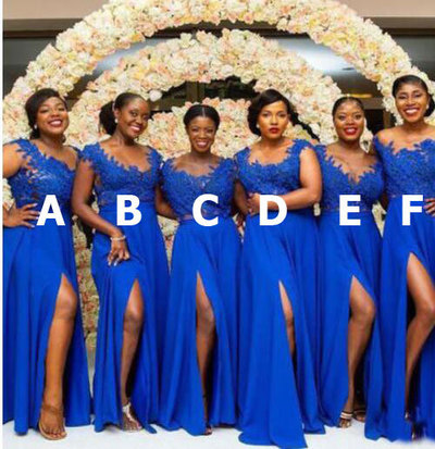 Royal Blue Split Side Long Bridesmaid Dresses with Appliques,1363