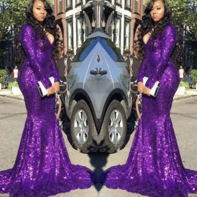 V neck grape prom dresses with full sleeves,1372