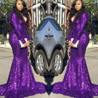 V Neck Grape Prom Dresses with Full Sleeves,1372