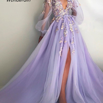 Elegant lilac prom dress,bubble sleeves applique evening dresses,v-neck 3d floral formal gown,838 - Thumbnail 3
