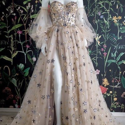 Off the shoulder sweetheart stars a line bubble sleeves tulle long formal dress,starry prom dresses,839 - Thumbnail 3