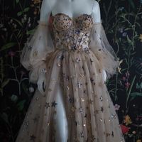 Off the shoulder sweetheart stars a line bubble sleeves tulle long formal dress,starry prom dresses,839 - Thumbnail 1