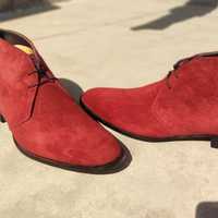 Hot Sale New Hand Stitch Men's Suede Boot, Red Chukka Lace Up Boot - Thumbnail 2