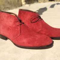 Hot Sale New Hand Stitch Men's Suede Boot, Red Chukka Lace Up Boot - Thumbnail 3