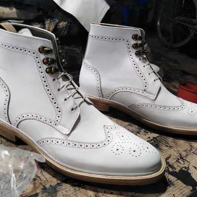 Handmade men's white ankle high wingtip brogue lace up leather boot - Thumbnail 1