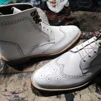 Handmade Men's White Ankle High Wingtip Brogue Lace Up Leather Boot - Thumbnail 1