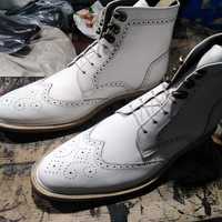 Handmade Men's White Ankle High Wingtip Brogue Lace Up Leather Boot - Thumbnail 2