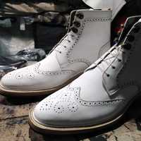Handmade Men's White Ankle High Wingtip Brogue Lace Up Leather Boot - Thumbnail 3