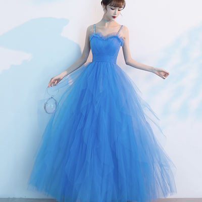 Blue tulle long prom dress a line evening dress - Thumbnail 2