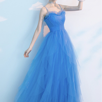 Blue tulle long prom dress A line evening dress - Thumbnail 3