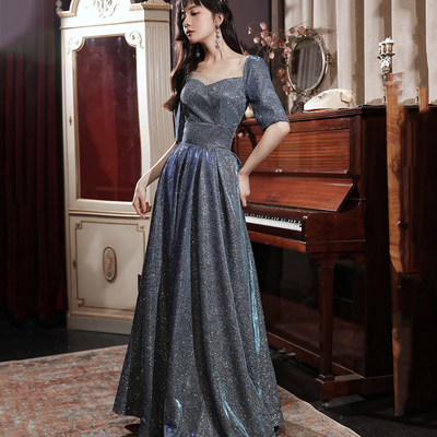 Shiny a line long prom dress gray evening dress - Thumbnail 2