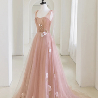 Pink tulle applique long prom dress A line evening dress - Thumbnail 1