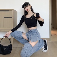 American Style Cute Trendy Sexy Girl Chic Summer Wide Leg Trouser Pants Detachable Shorts Blue Black Denim Jeans - Thumbnail 2
